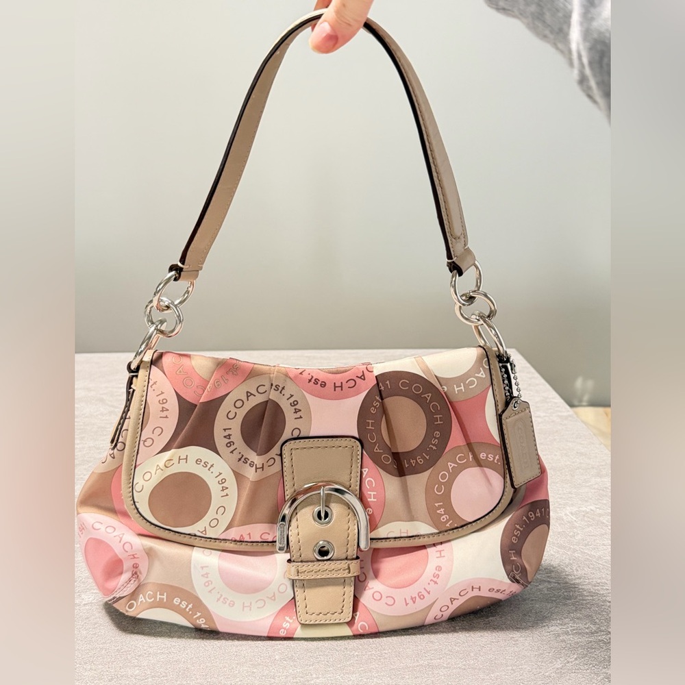 Coach Vintage Y2K Soho shoulder bag in a pink and beige satin circle print